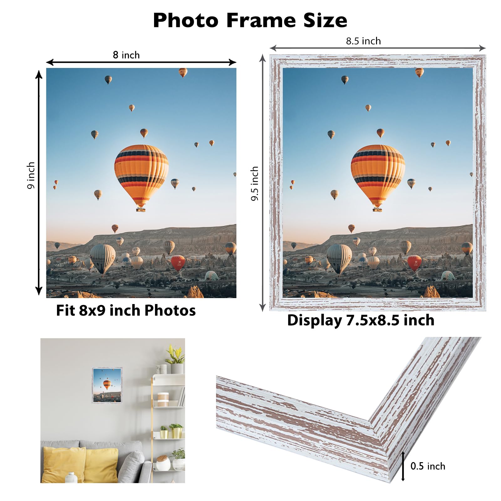 8x9 Picture Frame Rustic White for Wall Hanging or Tabletop, Wall Mounting Horizontally or Vertically, 8 x 9 Wall Gallery Poster